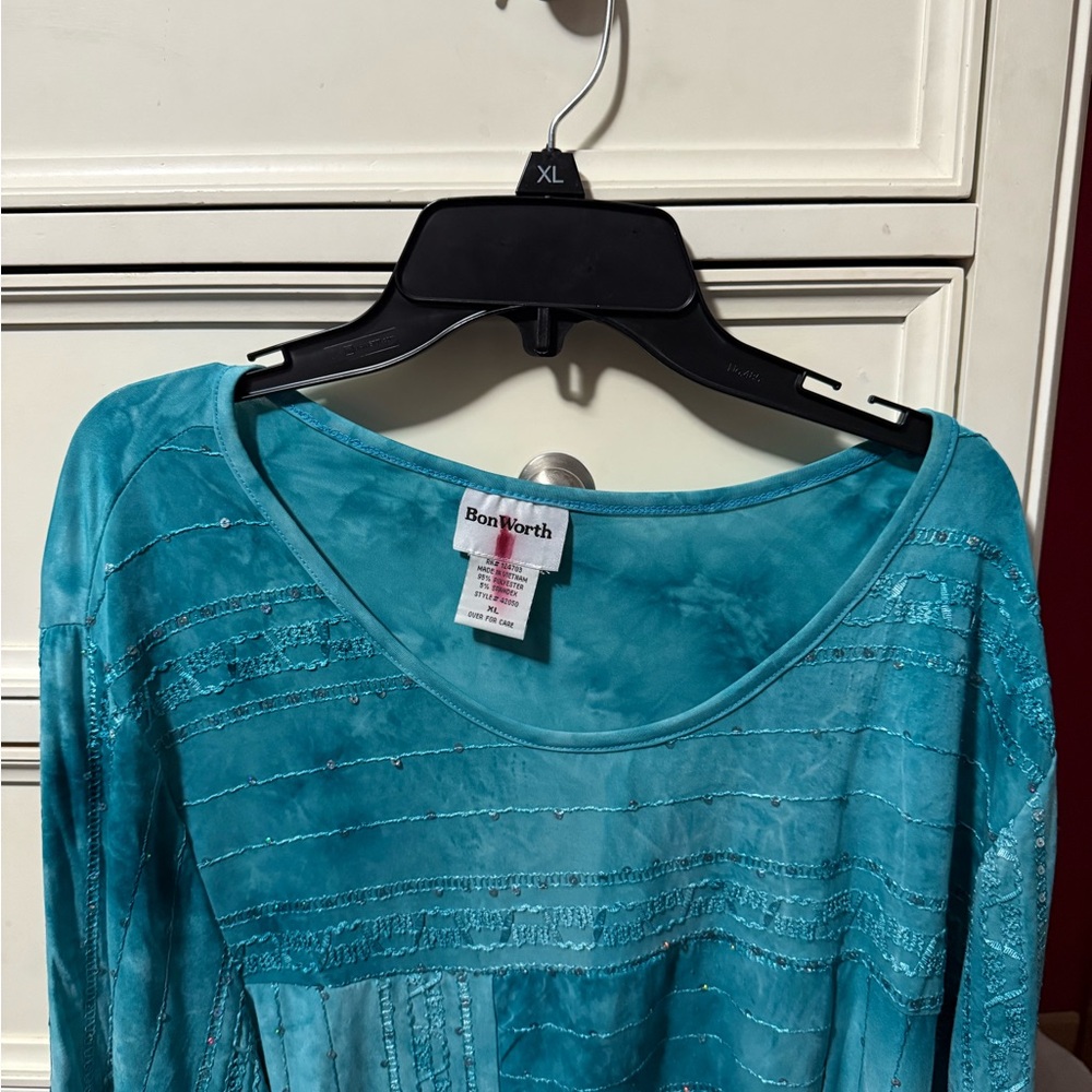 BonWorth Teal Embellished Long Sleeve Scoop Neck Top